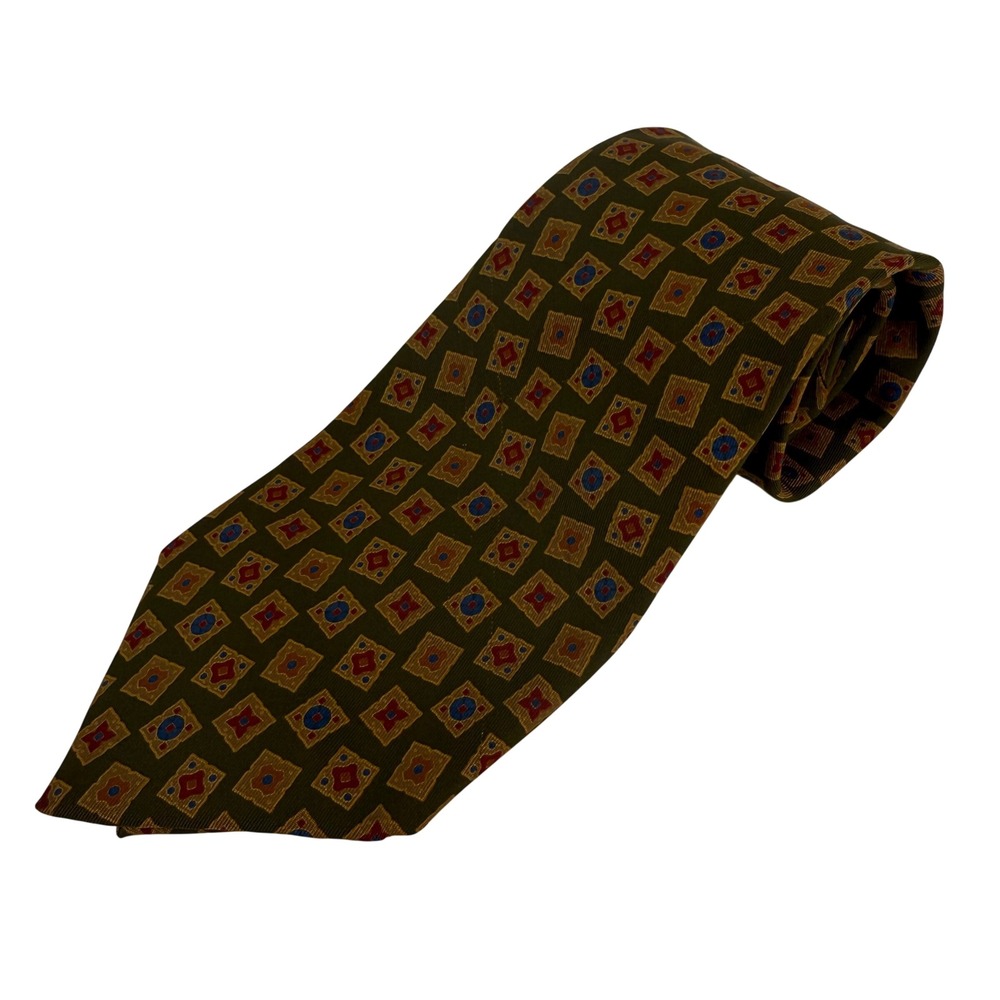 Rubinacci Italy Silk Tie 60" Olive Green Gold Geometric‎ Medallion Mens Necktie